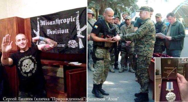 This freak is from nazi battalion Azov.2pic.Speaker of ukr. Parliament Turchinov gives to nazi a medal